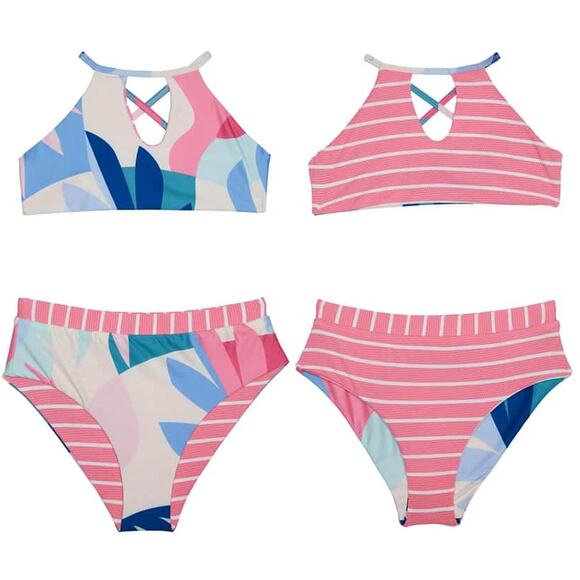 Splendid Girls Reversible Mosaic Palm High Neck High Waist Pant Bikini Set Sz 14 - Picture 1 of 7